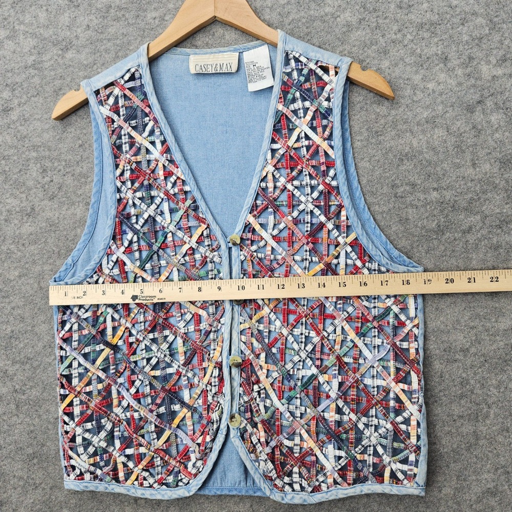 Casey & Max Women's Blue Denim Vest Size M Cotton Woven Lattice Patchwork V-Neck - Picture 4 of 6